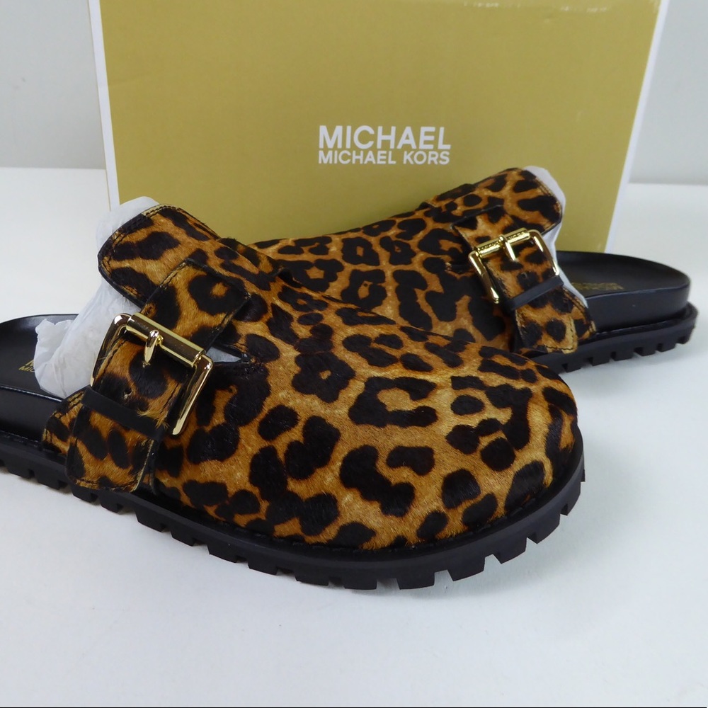 Michael Kors Judd Closed Toe Cheetah Print Haircalf Leather Slip On Clog Mules